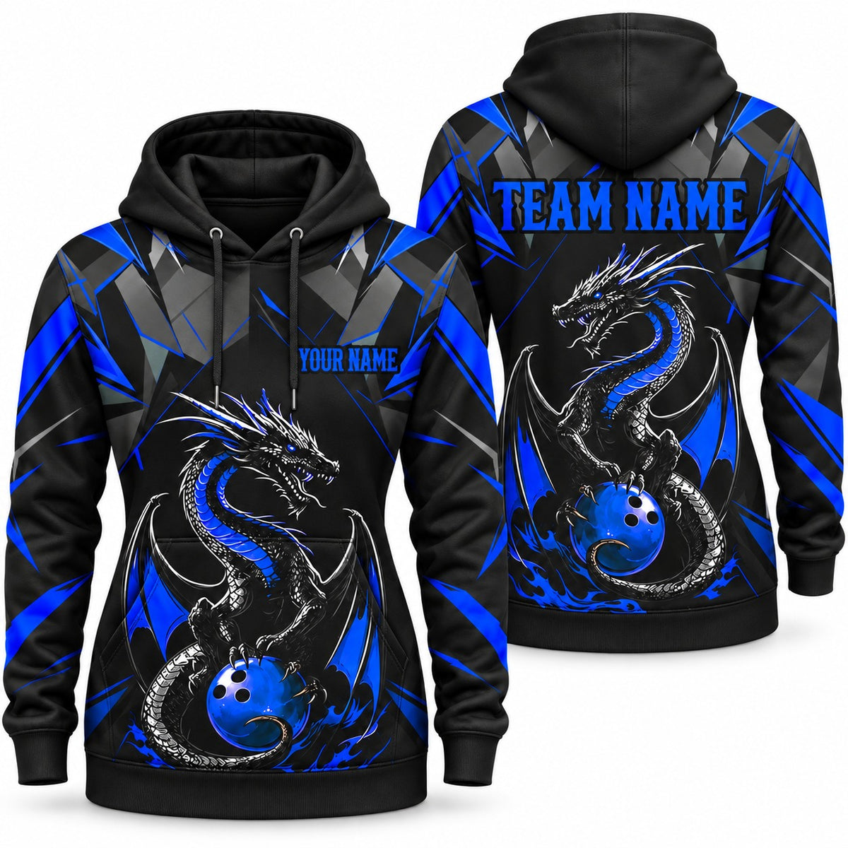 Purple Dragon Blue Custom Bowling Hoodie - Women's Hoodie Blue, front and back