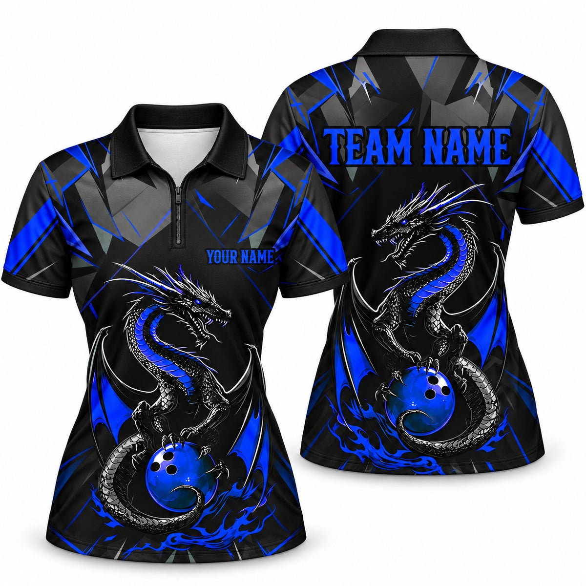 Purple Dragon Blue Custom Bowling Quarter-Zip - Women's Quarter-Zip Polo Blue, front and back