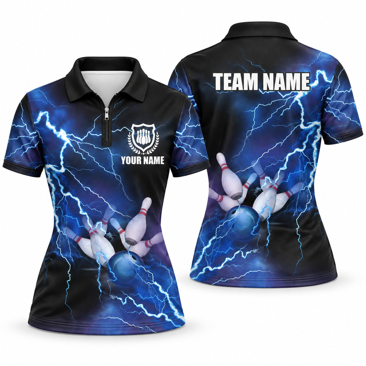 Blue Lightning Blue Custom Bowling Quarter-Zip - Women's Quarter-Zip Polo Blue, front and back