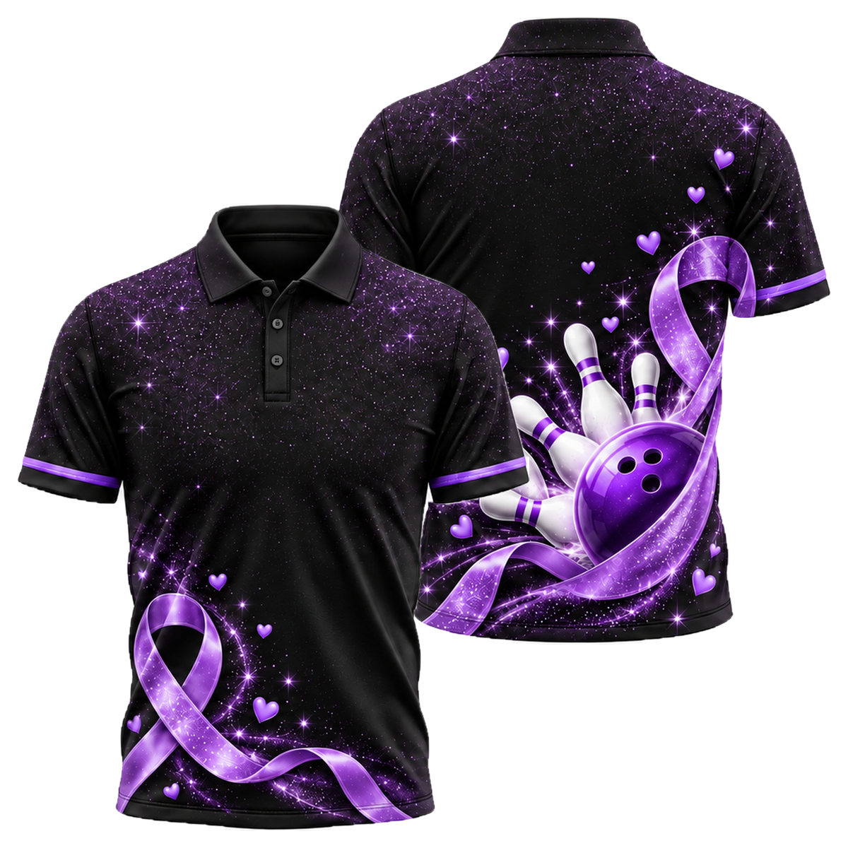 Pink Ribbon Sparkle Unisex Polo in Purple & Black