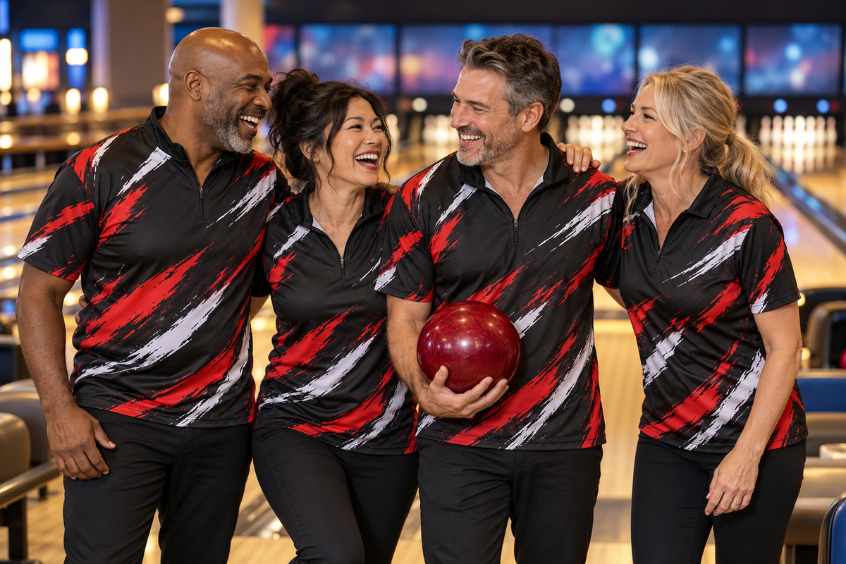 A bowling team in matching custom shirts