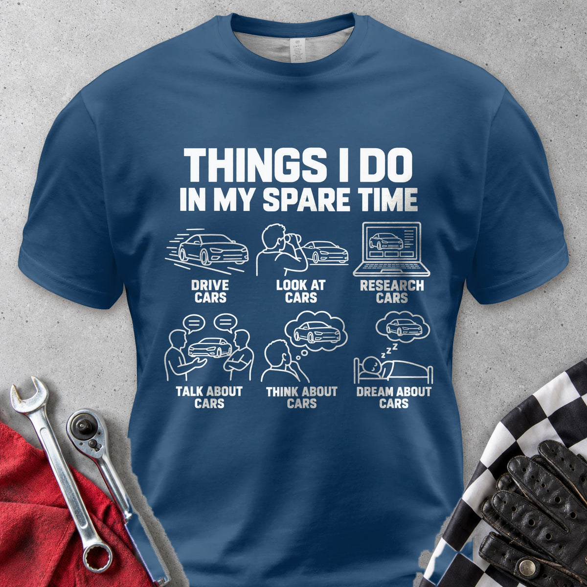 Things I Do In My Spare Time Cars Comfort Colors Tee in Navy