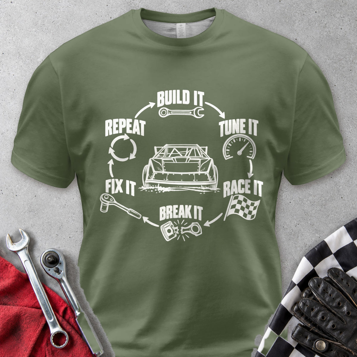Build It Tune It Race It Repeat Comfort Colors Tee in Hemp