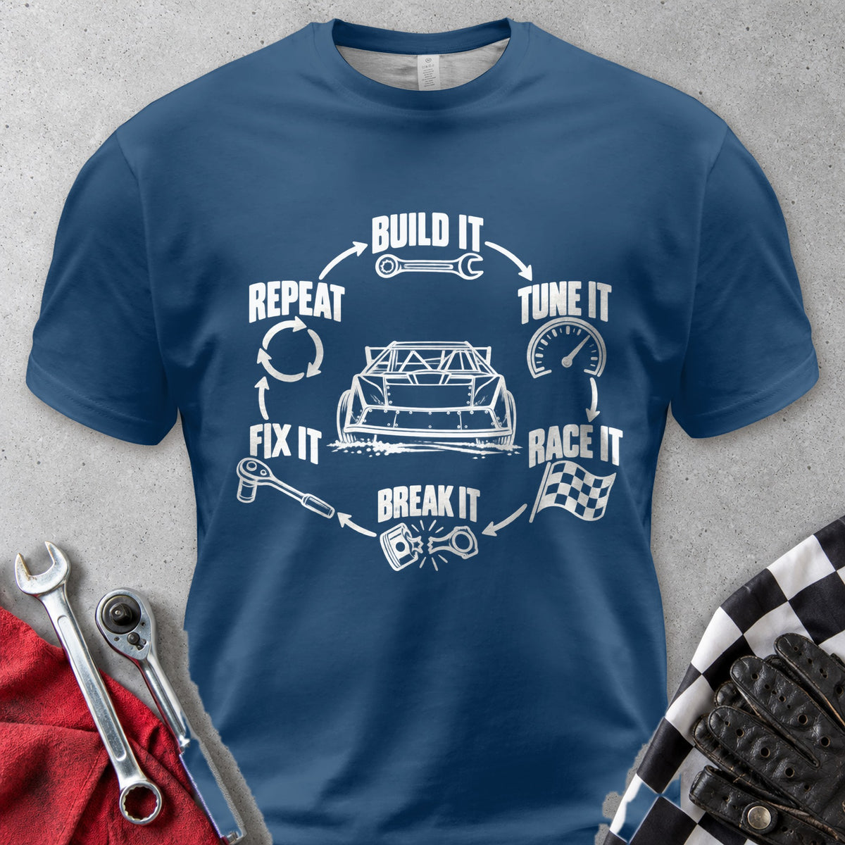 Build It Tune It Race It Repeat Comfort Colors Tee in Navy