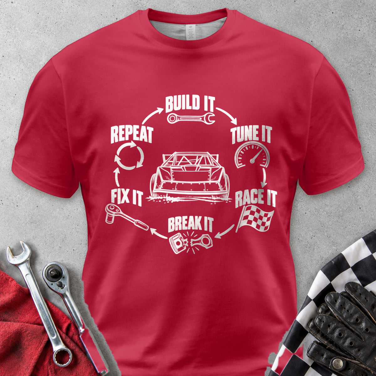 Build It Tune It Race It Repeat Comfort Colors Tee in Red