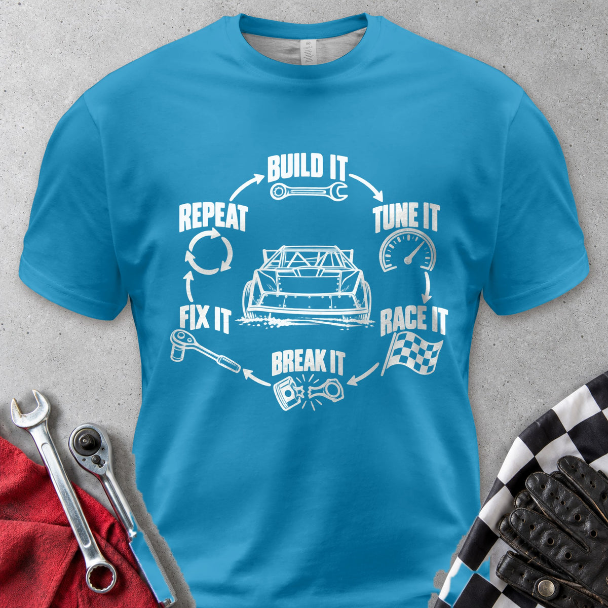 Build It Tune It Race It Repeat Comfort Colors Tee in Royal Caribe