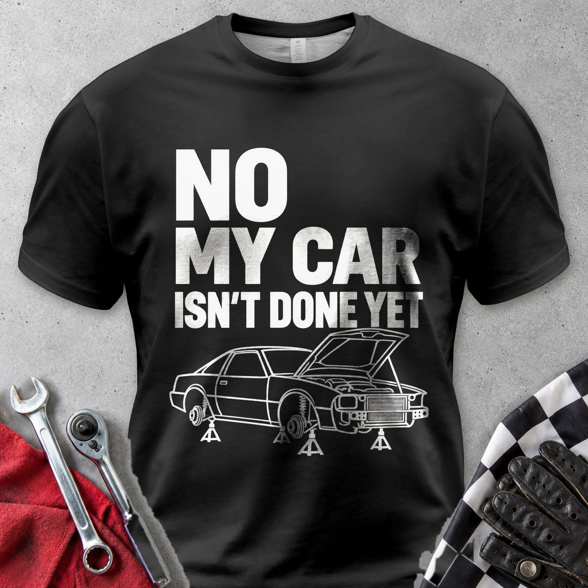 No My Car Isn't Done Yet Comfort Colors Tee in Black