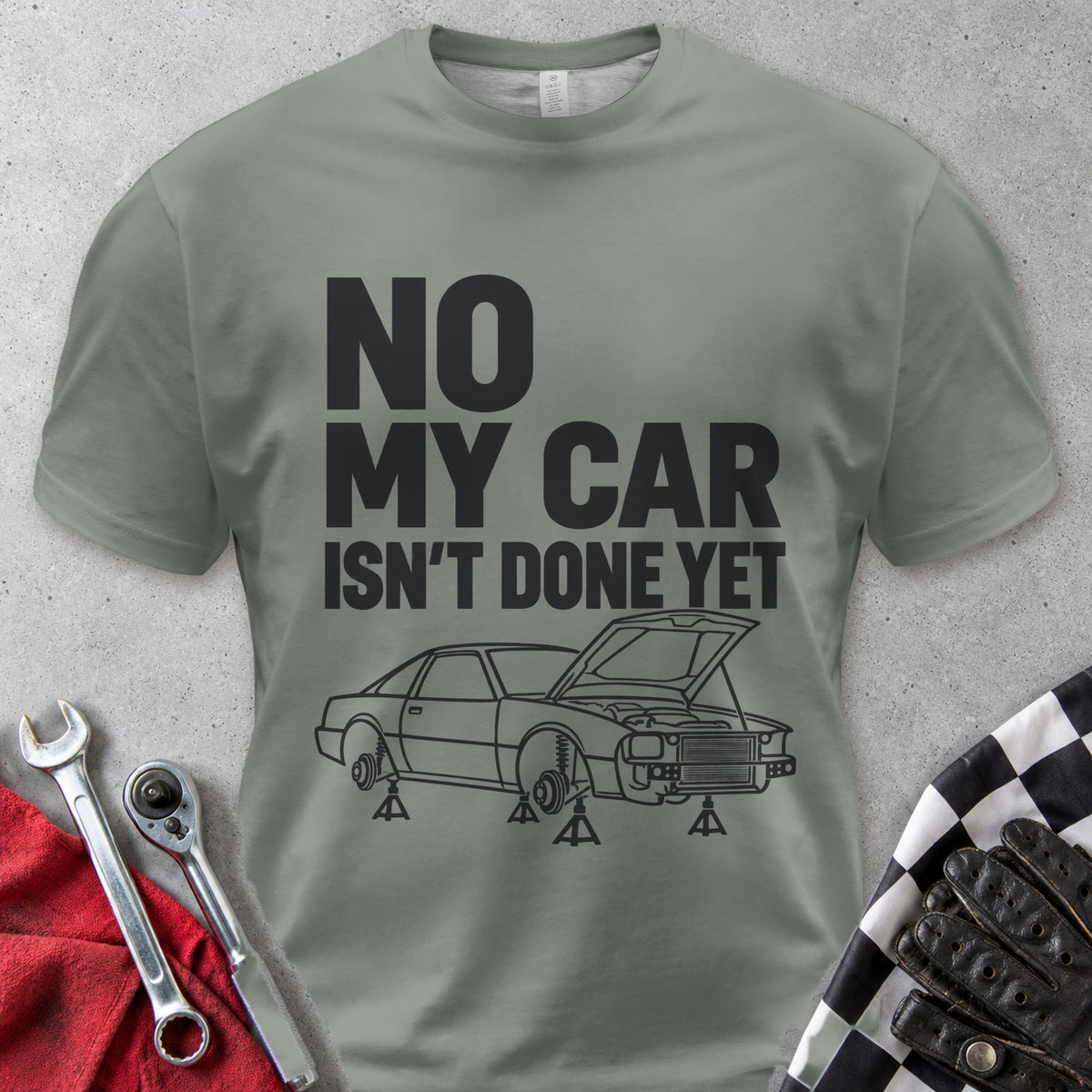 No My Car Isn't Done Yet Comfort Colors Tee in Grey