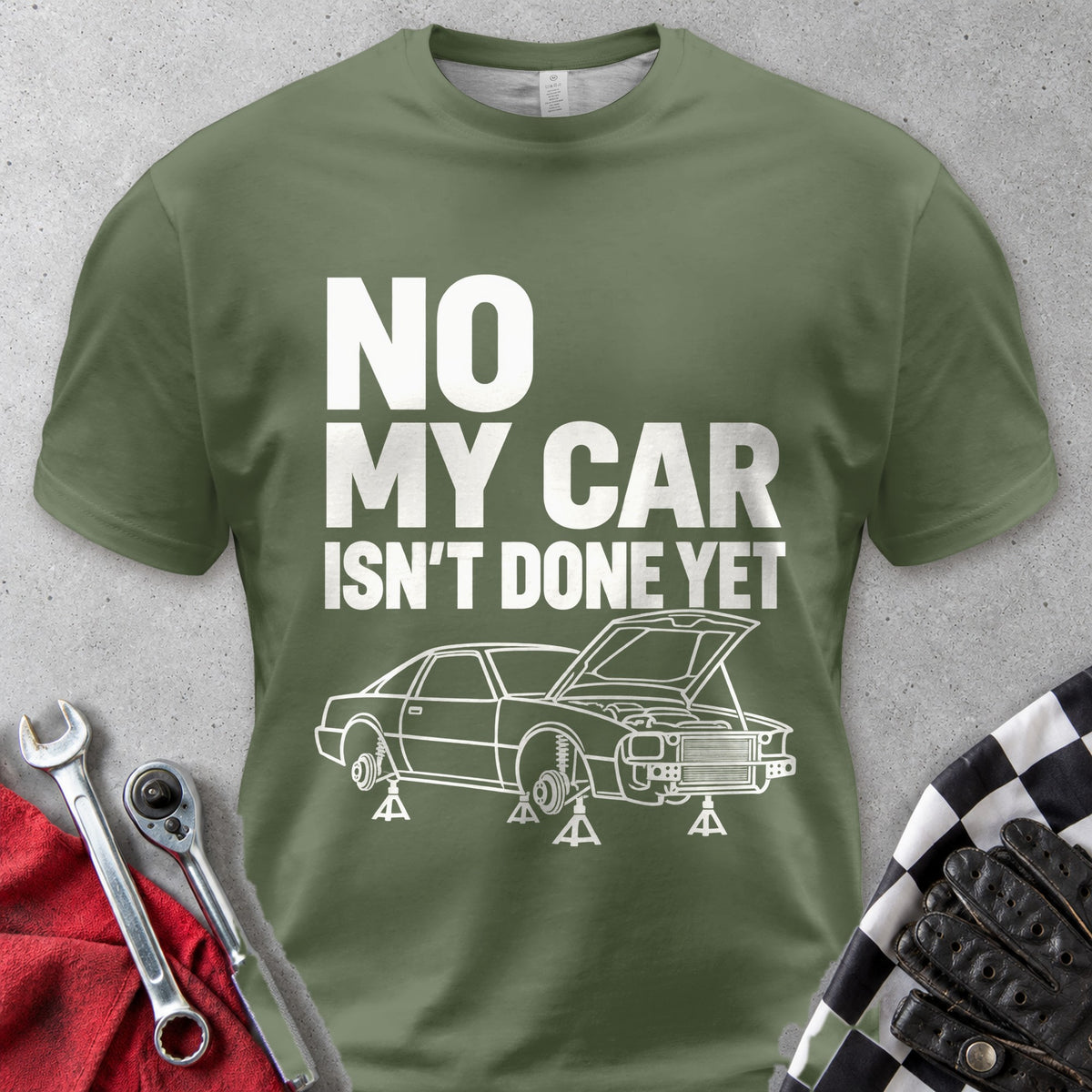 No My Car Isn't Done Yet Comfort Colors Tee in Hemp