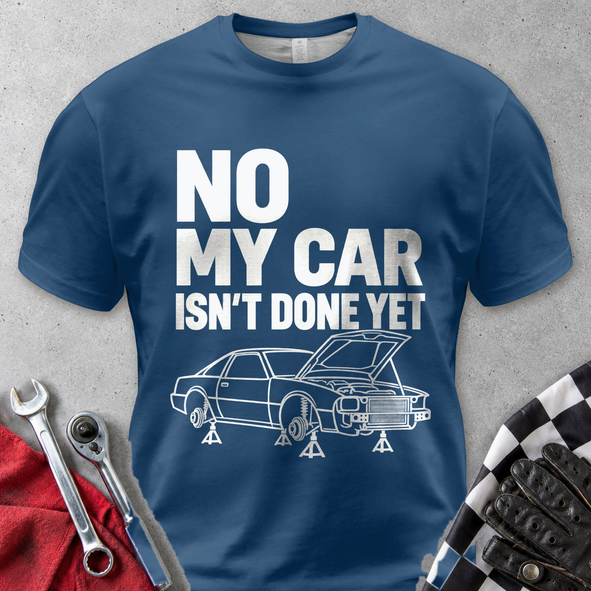 No My Car Isn't Done Yet Comfort Colors Tee in Navy