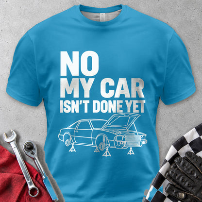 No My Car Isn't Done Yet Comfort Colors Tee in Royal Caribe