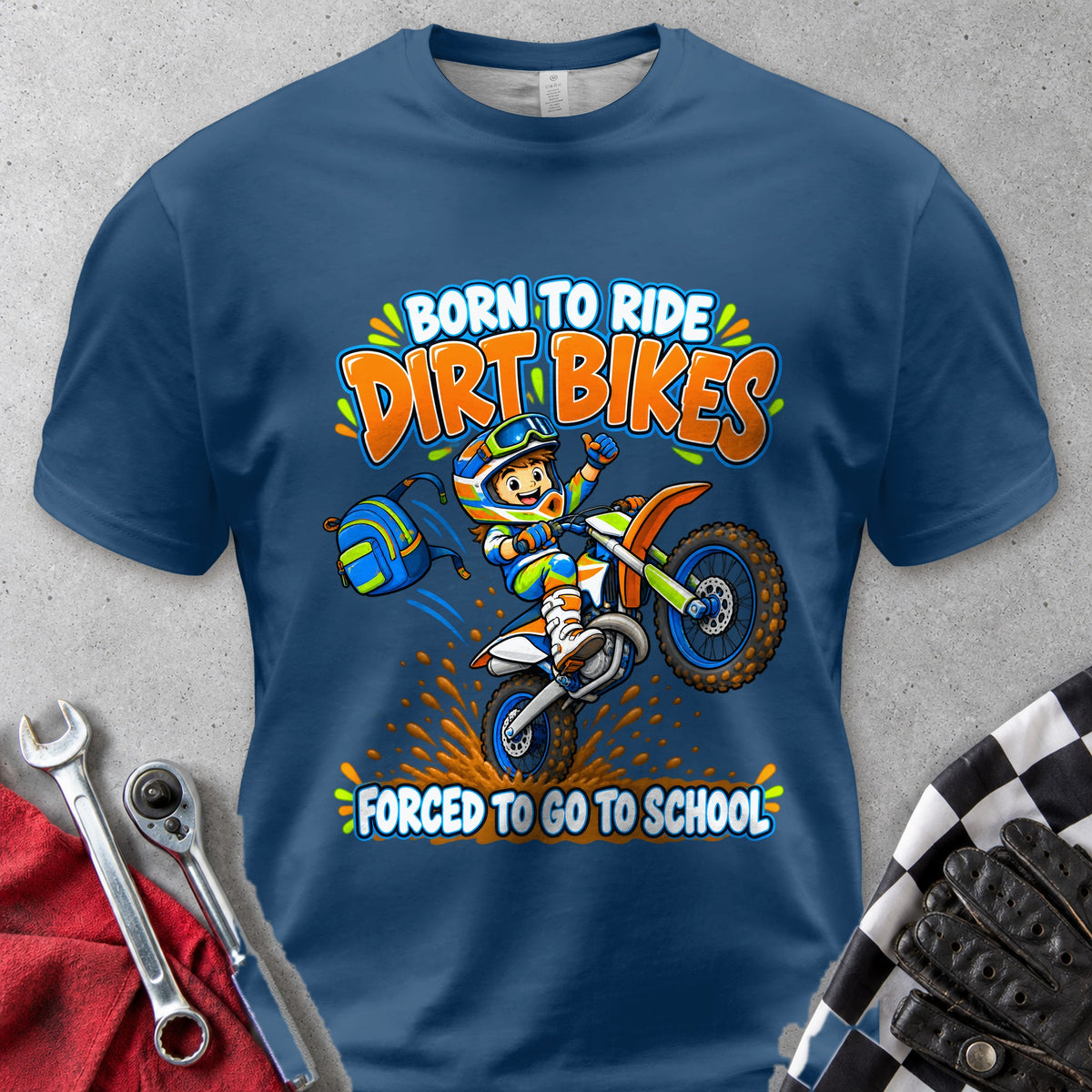 Born To Ride Dirt Bikes Forced To Go To School Comfort Colors Tee in Navy