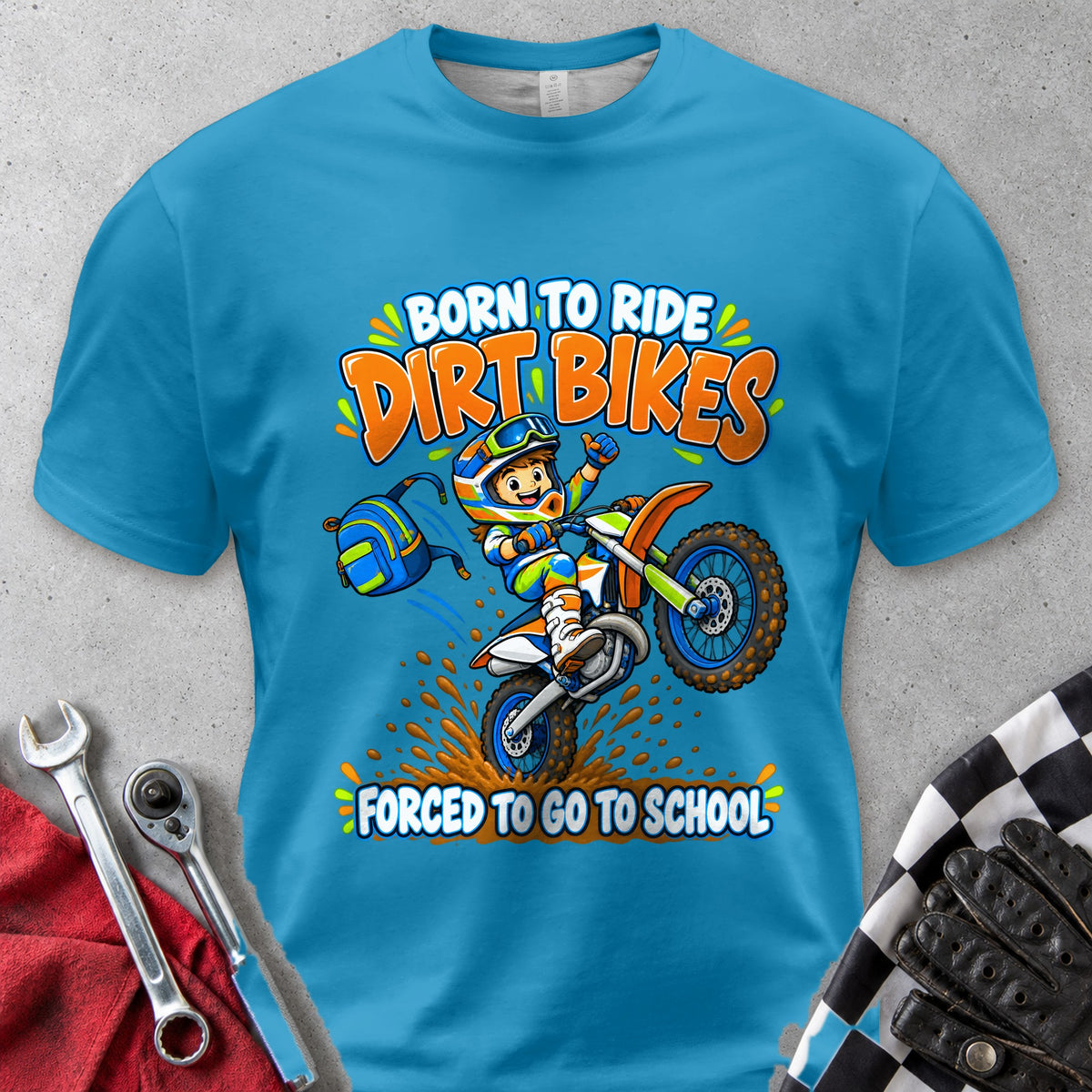 Born To Ride Dirt Bikes Forced To Go To School Comfort Colors Tee in Royal Caribe