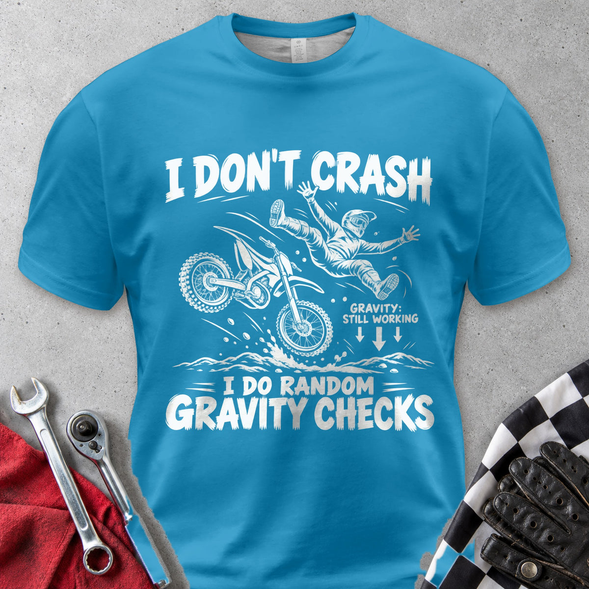 I Don't Crash I Do Random Gravity Checks Comfort Colors Tee in Royal Caribe