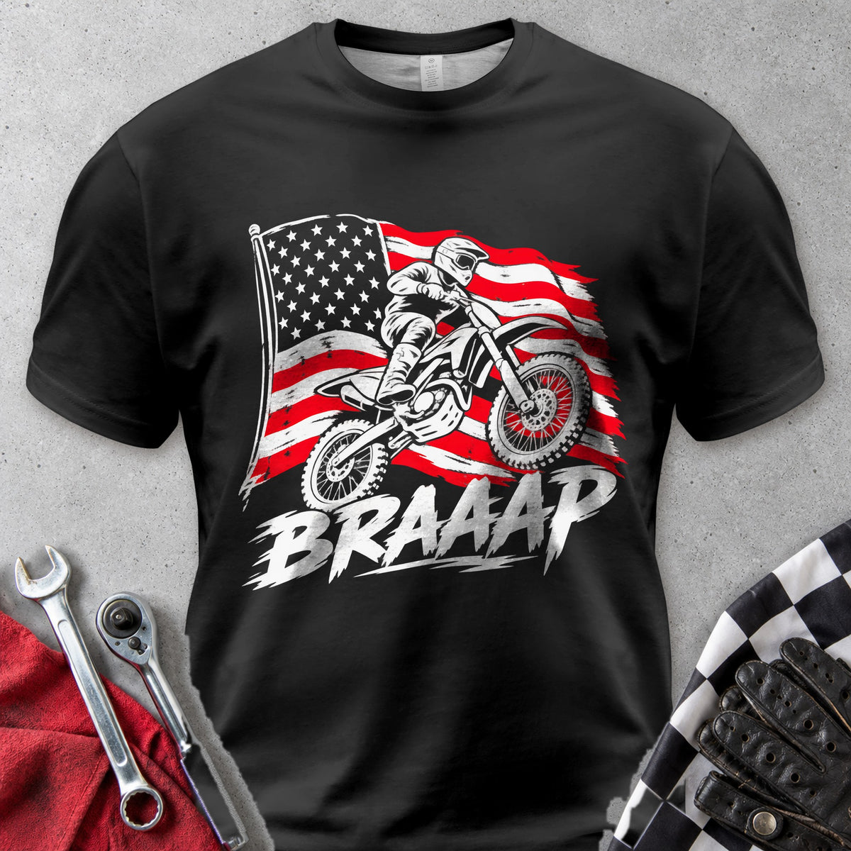 Braaap American Flag Dirt Bike Comfort Colors Tee in Black