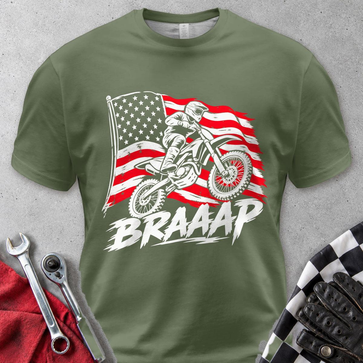 Braaap American Flag Dirt Bike Comfort Colors Tee in Hemp