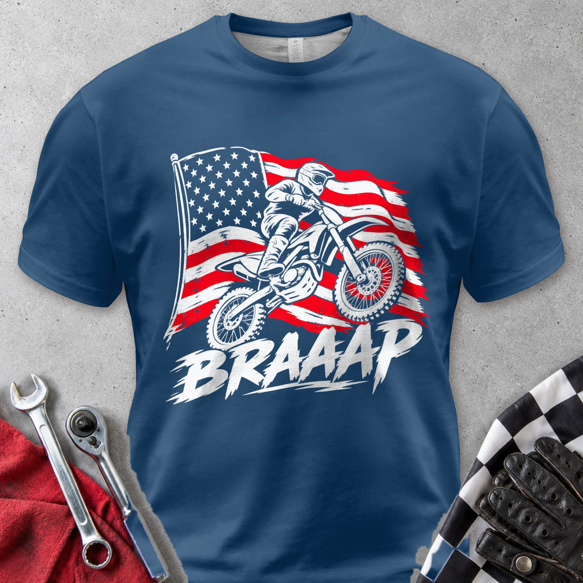 Braaap American Flag Dirt Bike Comfort Colors Tee in Navy
