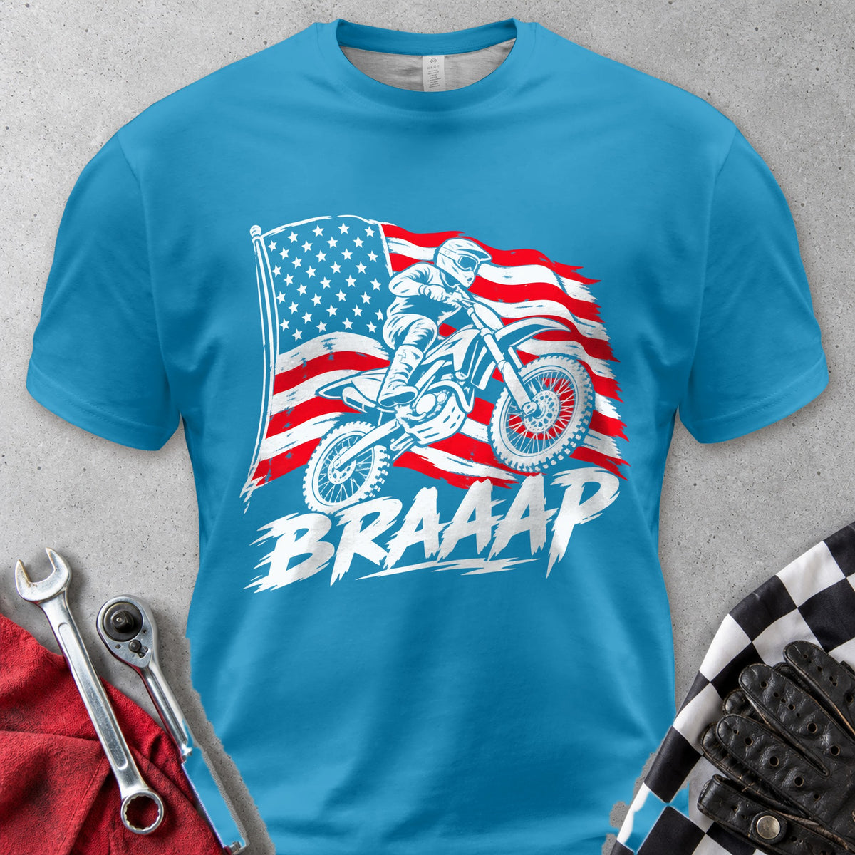 Braaap American Flag Dirt Bike Comfort Colors Tee in Royal Caribe