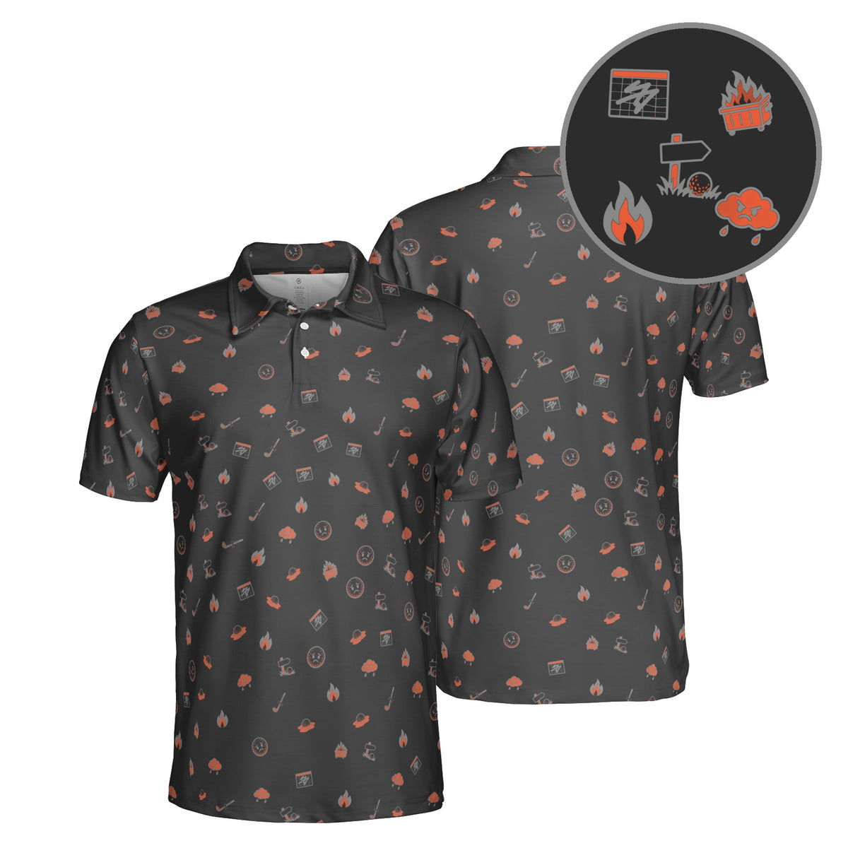 Dumpster Fire Round golf polo in Charcoal
