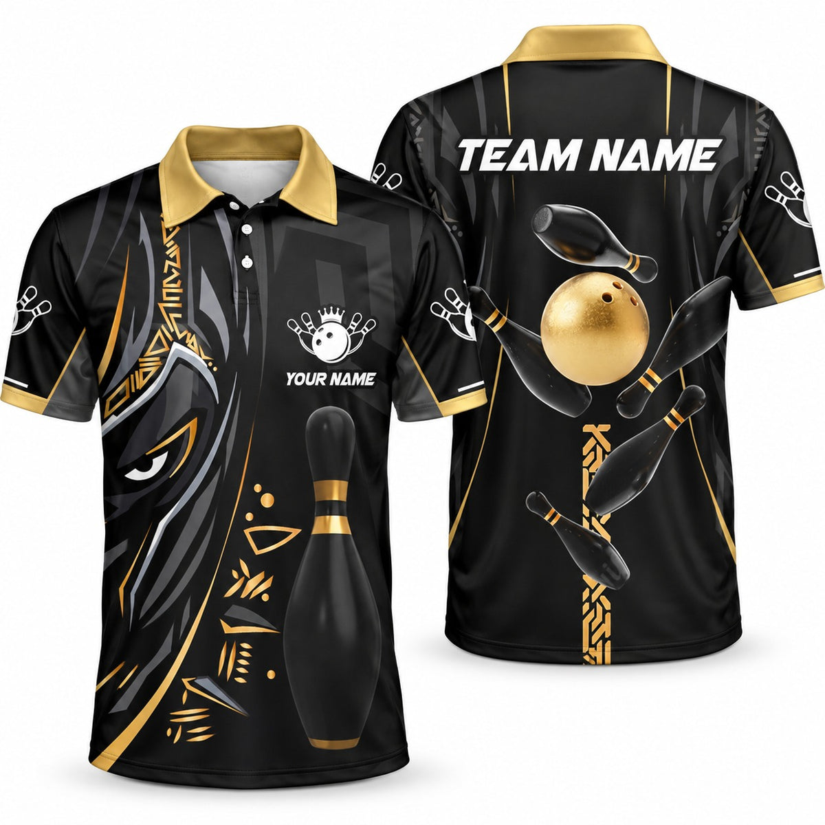 Black Panther Pro Custom Bowling Team Jerseys & Polo Shirts - Unisex Polo Gold, front and back