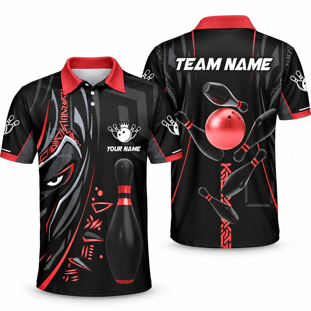 Black Panther Pro Custom Bowling Team Jerseys & Polo Shirts - Unisex Polo Red, front and back