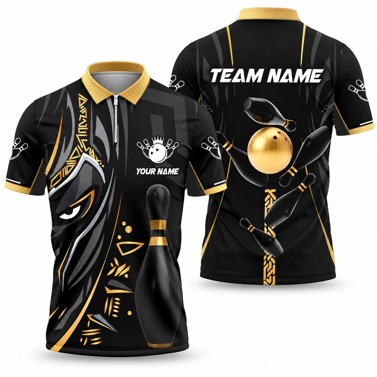 Black Panther Pro Custom Bowling Team Jerseys & Polo Shirts - Quarter-Zip Polo Gold, front and back