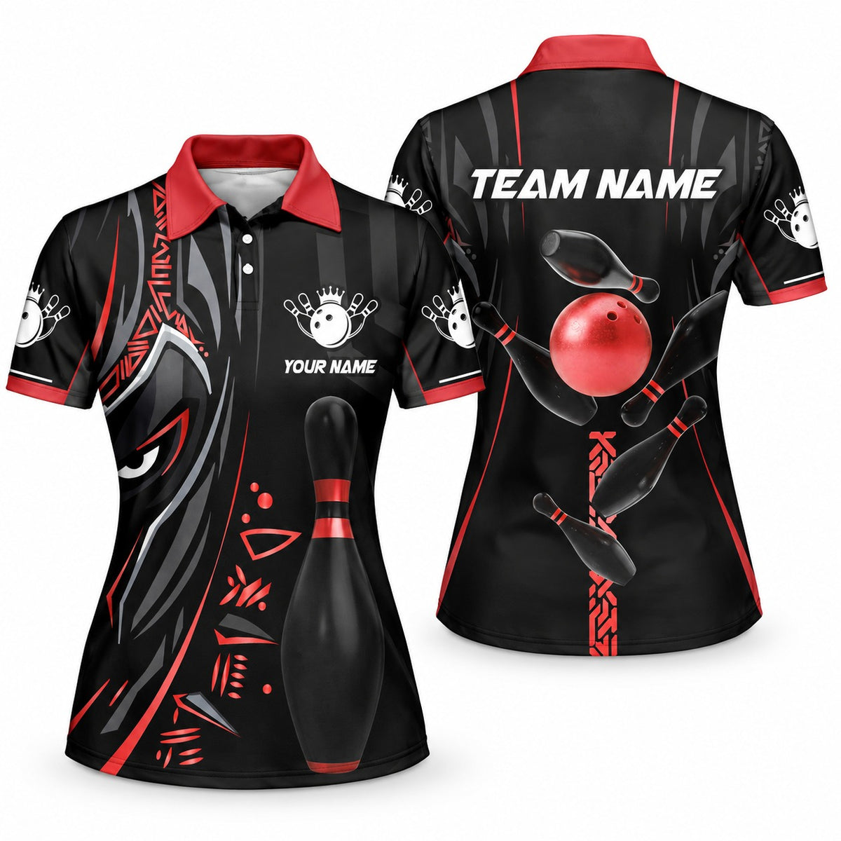 Black Panther Pro Custom Bowling Team Jerseys & Polo Shirts - Women Polo Red, front and back