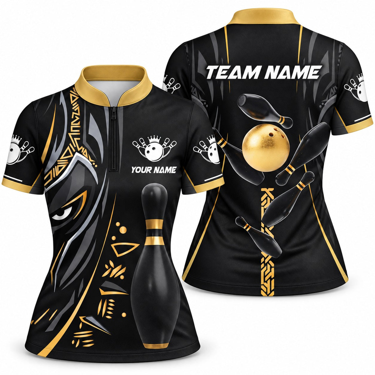 Black Panther Pro Custom Bowling Team Jerseys & Polo Shirts - Women's Bowling Jersey Gold, front and back