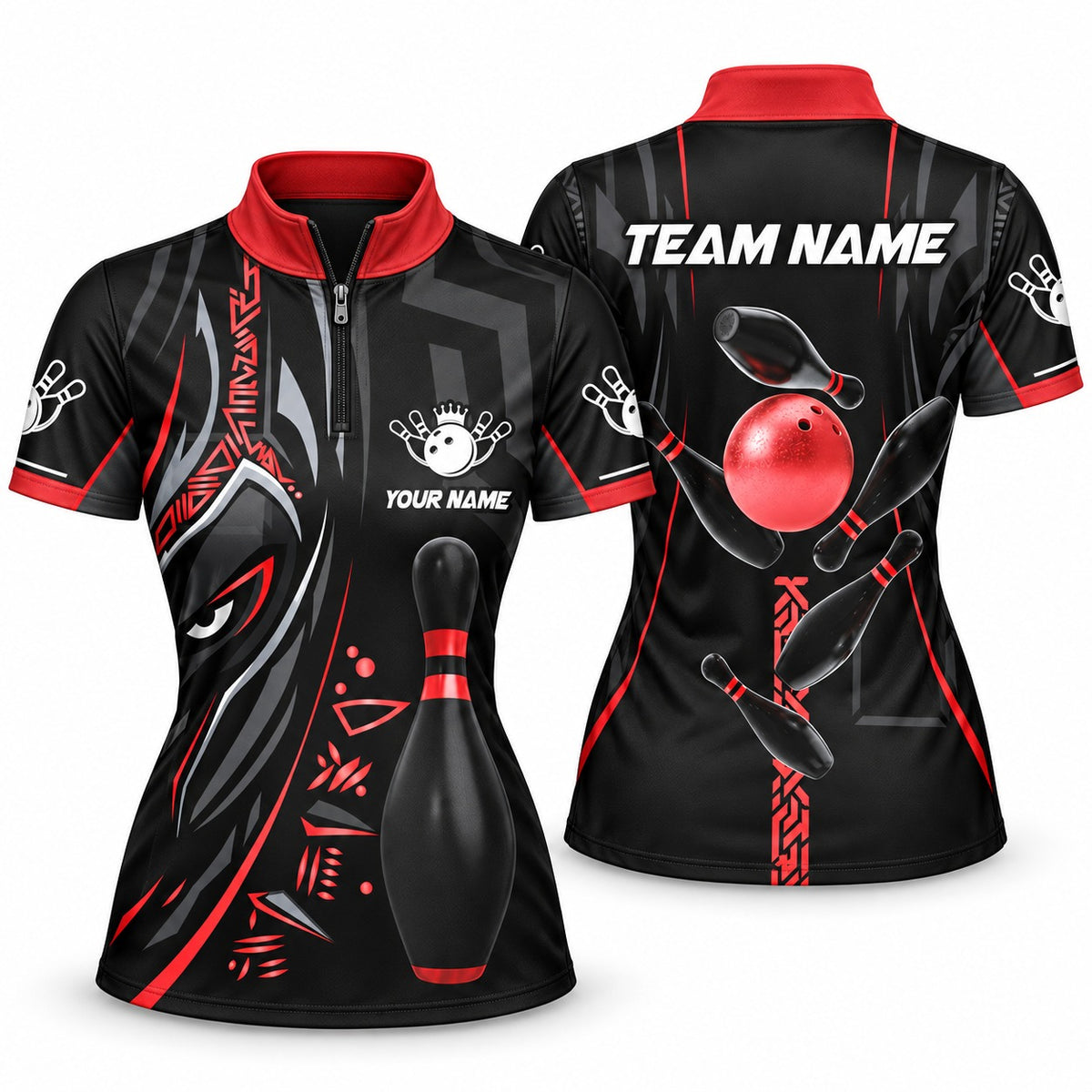 Black Panther Pro Custom Bowling Team Jerseys & Polo Shirts - Women's Bowling Jersey Red, front and back