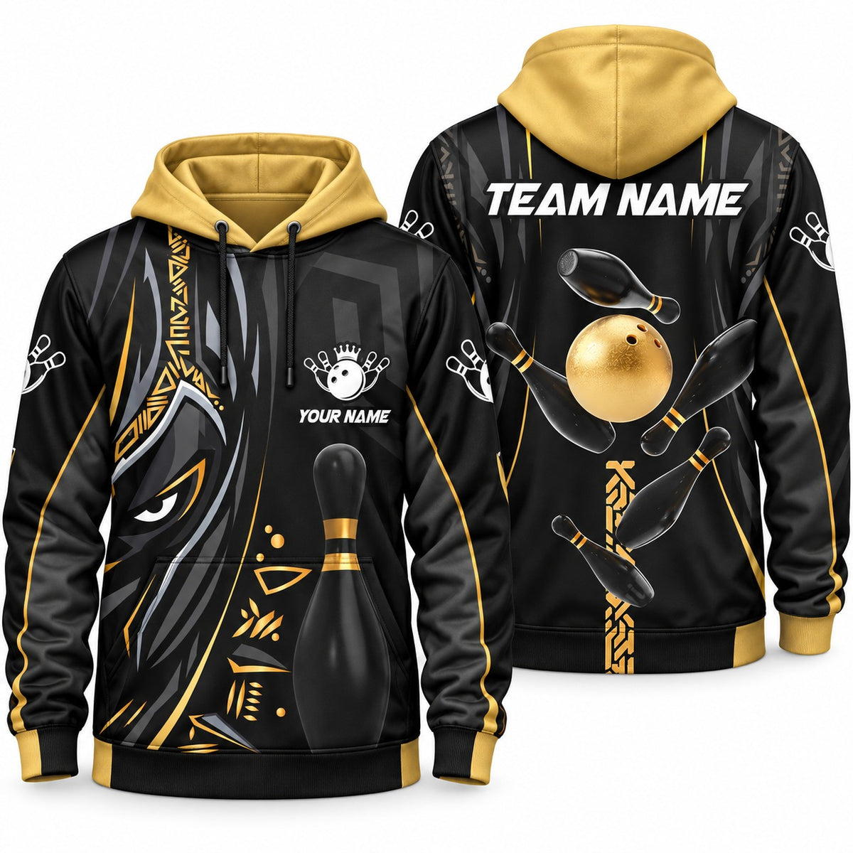 Black Panther Pro Custom Bowling Team Jerseys & Polo Shirts - Hoodie Gold, front and back