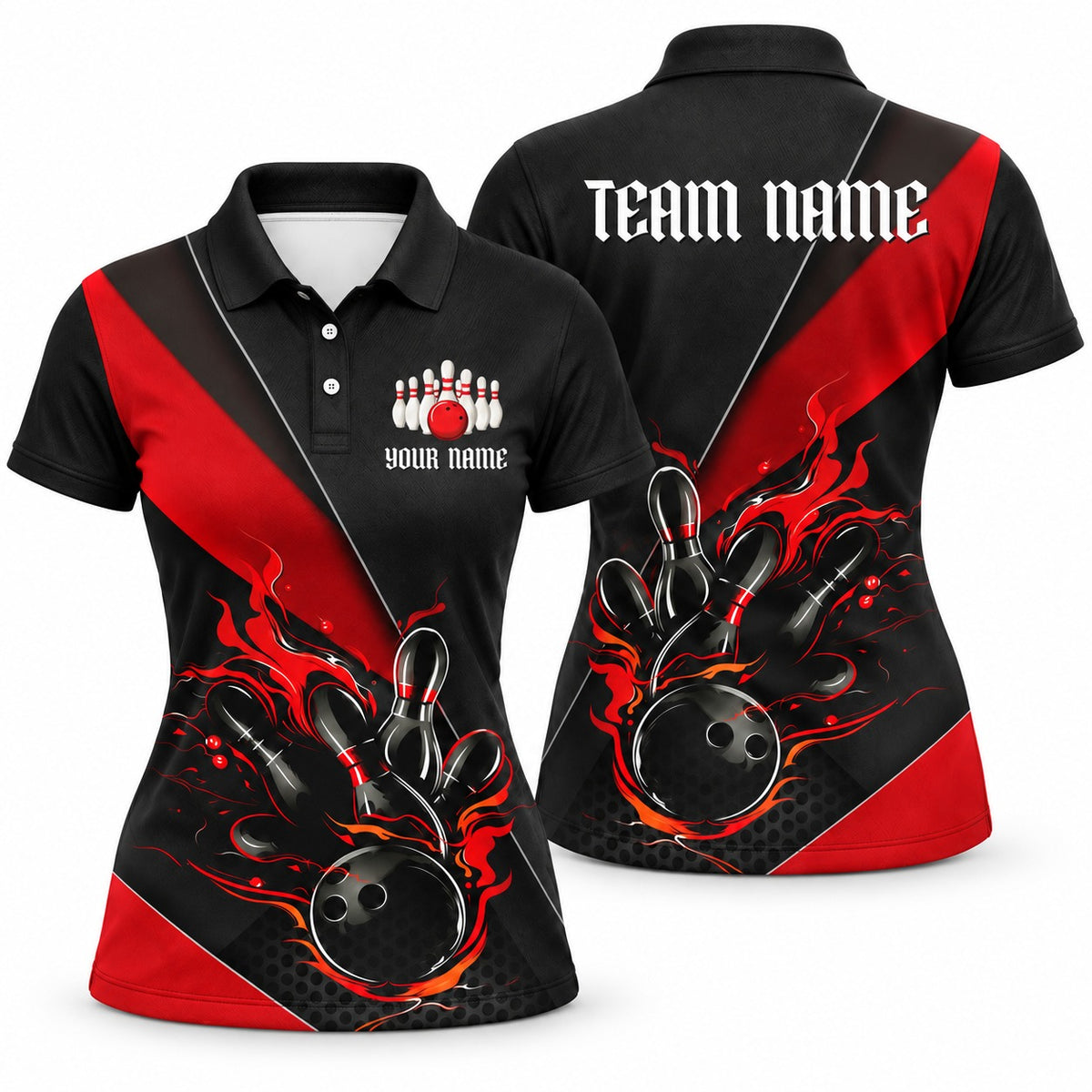 Black & Red Flame Custom Bowling Team Jerseys & Polo Shirts - Women Polo Red, front and back