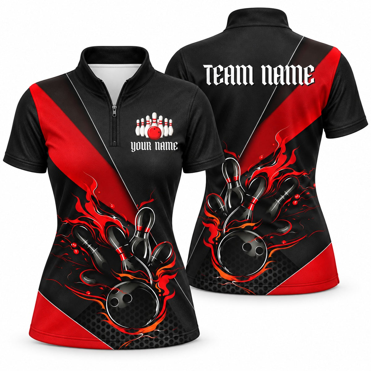 Black & Red Flame Custom Bowling Team Jerseys & Polo Shirts - Women's Bowling Jersey Red, front and back