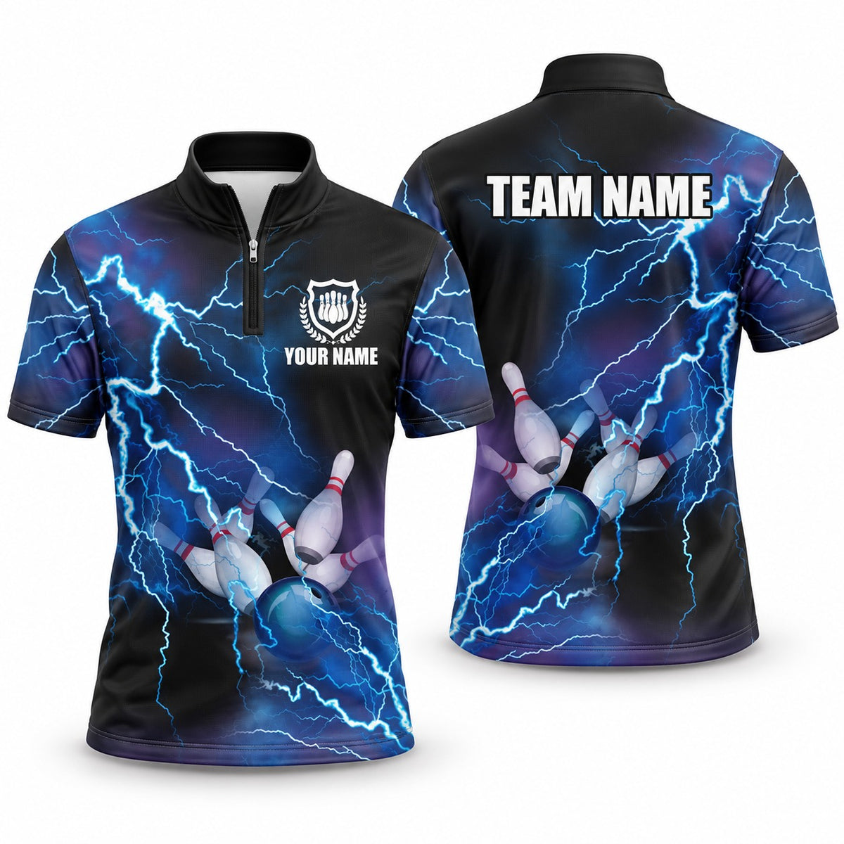 Blue Lightning Custom Bowling Team Jerseys & Polo Shirts - Bowling Jersey Blue, front and back