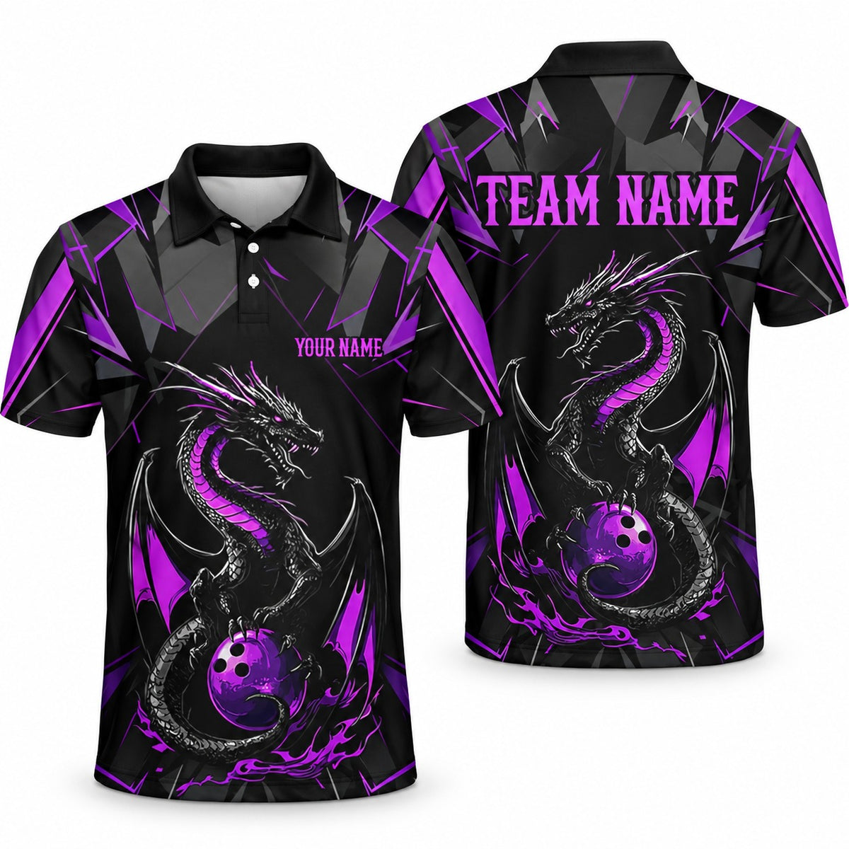 Purple Dragon Custom Bowling Team Jerseys & Polo Shirts - Unisex Polo Purple, front and back