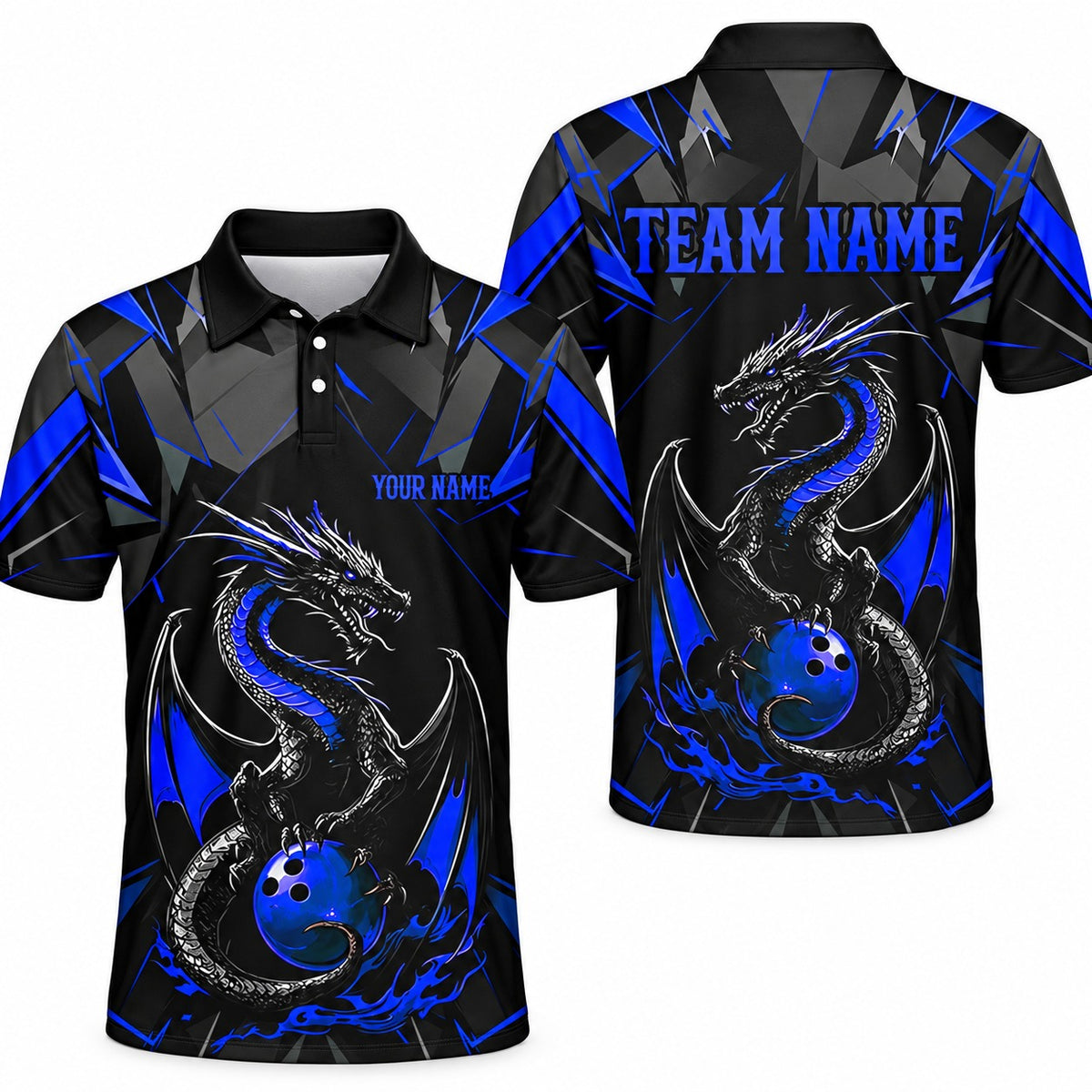 Purple Dragon Custom Bowling Team Jerseys & Polo Shirts - Unisex Polo Blue, front and back