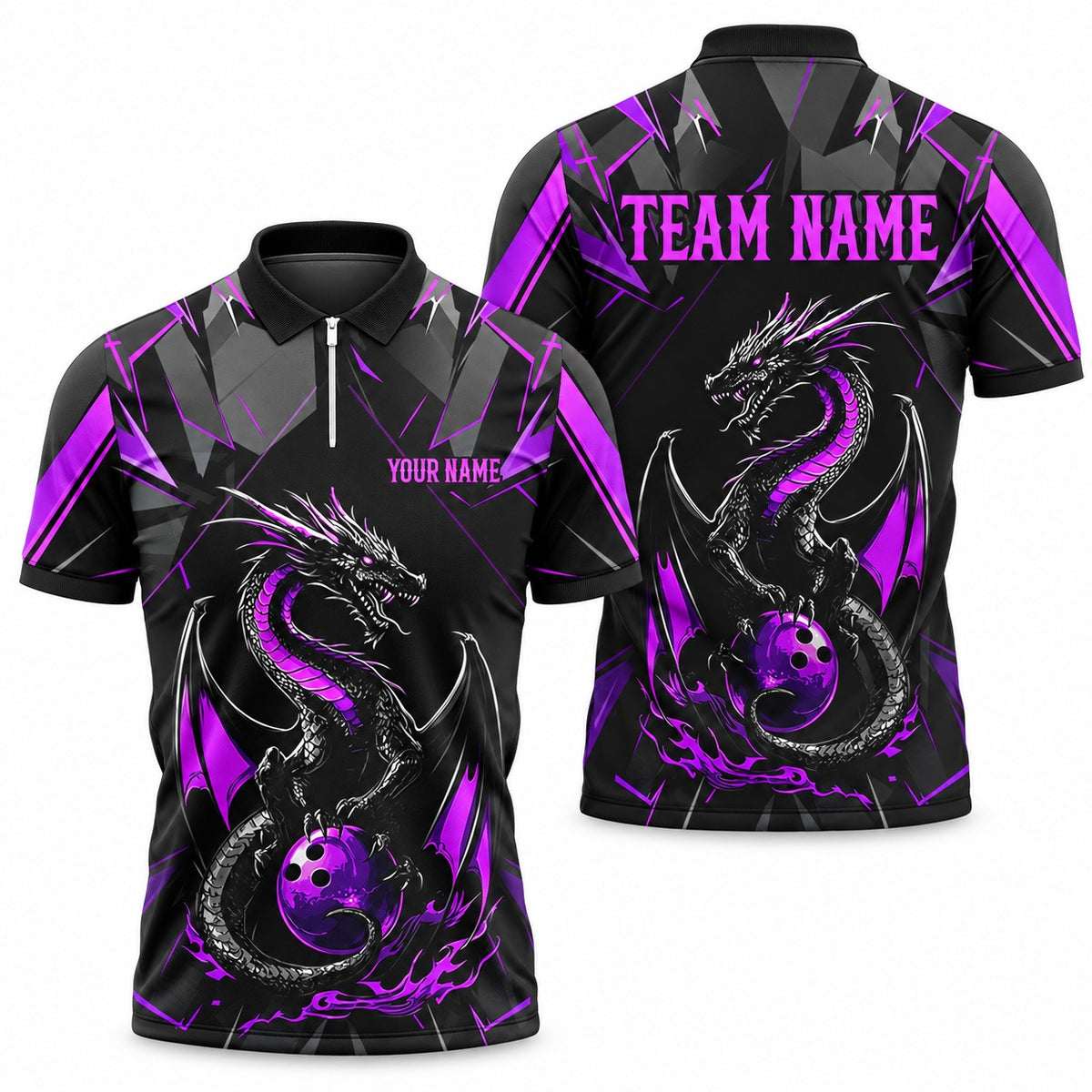 Purple Dragon Custom Bowling Team Jerseys & Polo Shirts - Quarter-Zip Polo Purple, front and back