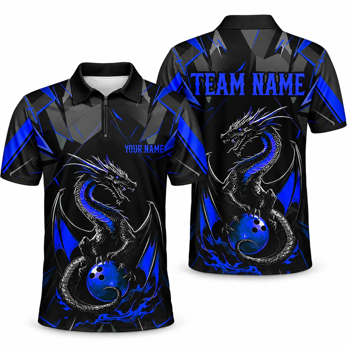 Purple Dragon Custom Bowling Team Jerseys & Polo Shirts - Quarter-Zip Polo Blue, front and back
