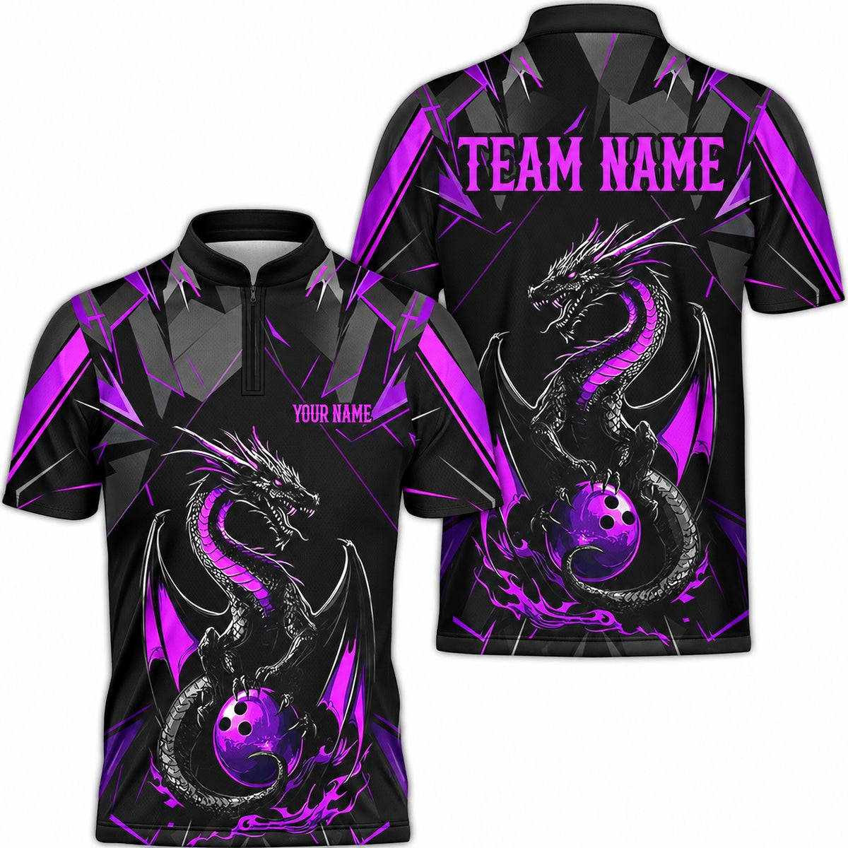 Purple Dragon Custom Bowling Team Jerseys & Polo Shirts - Bowling Jersey Purple, front and back