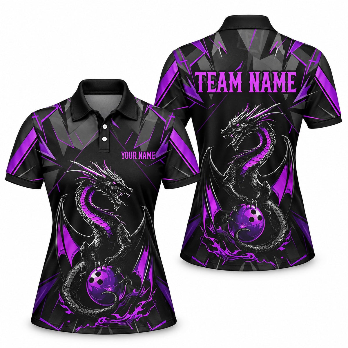 Purple Dragon Custom Bowling Team Jerseys & Polo Shirts - Women Polo Purple, front and back
