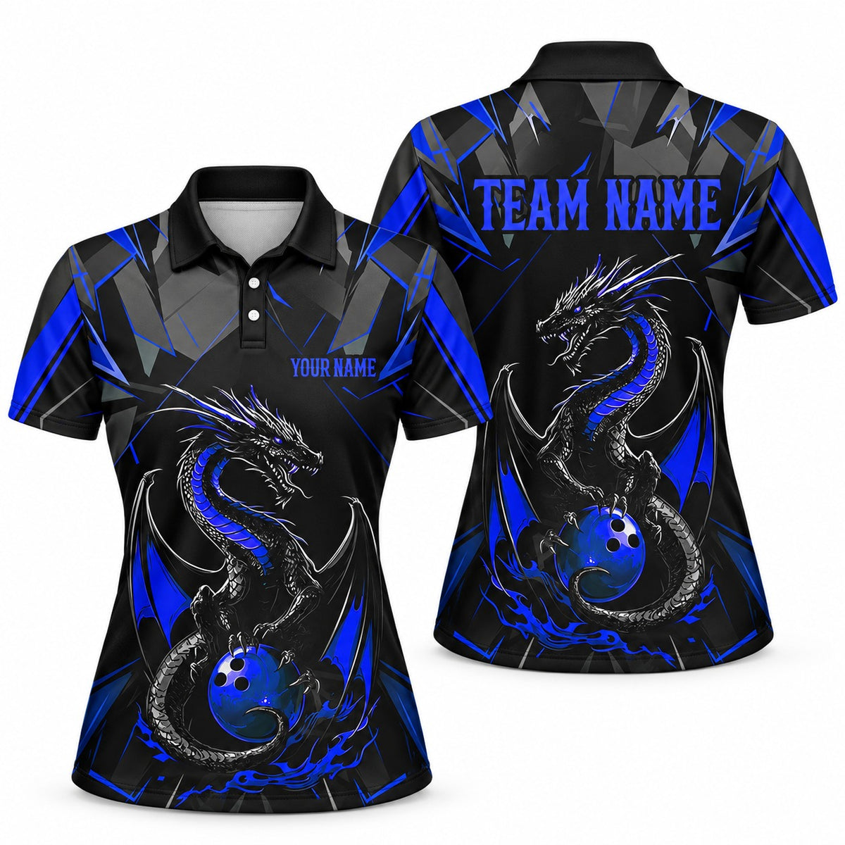 Purple Dragon Custom Bowling Team Jerseys & Polo Shirts - Women Polo Blue, front and back