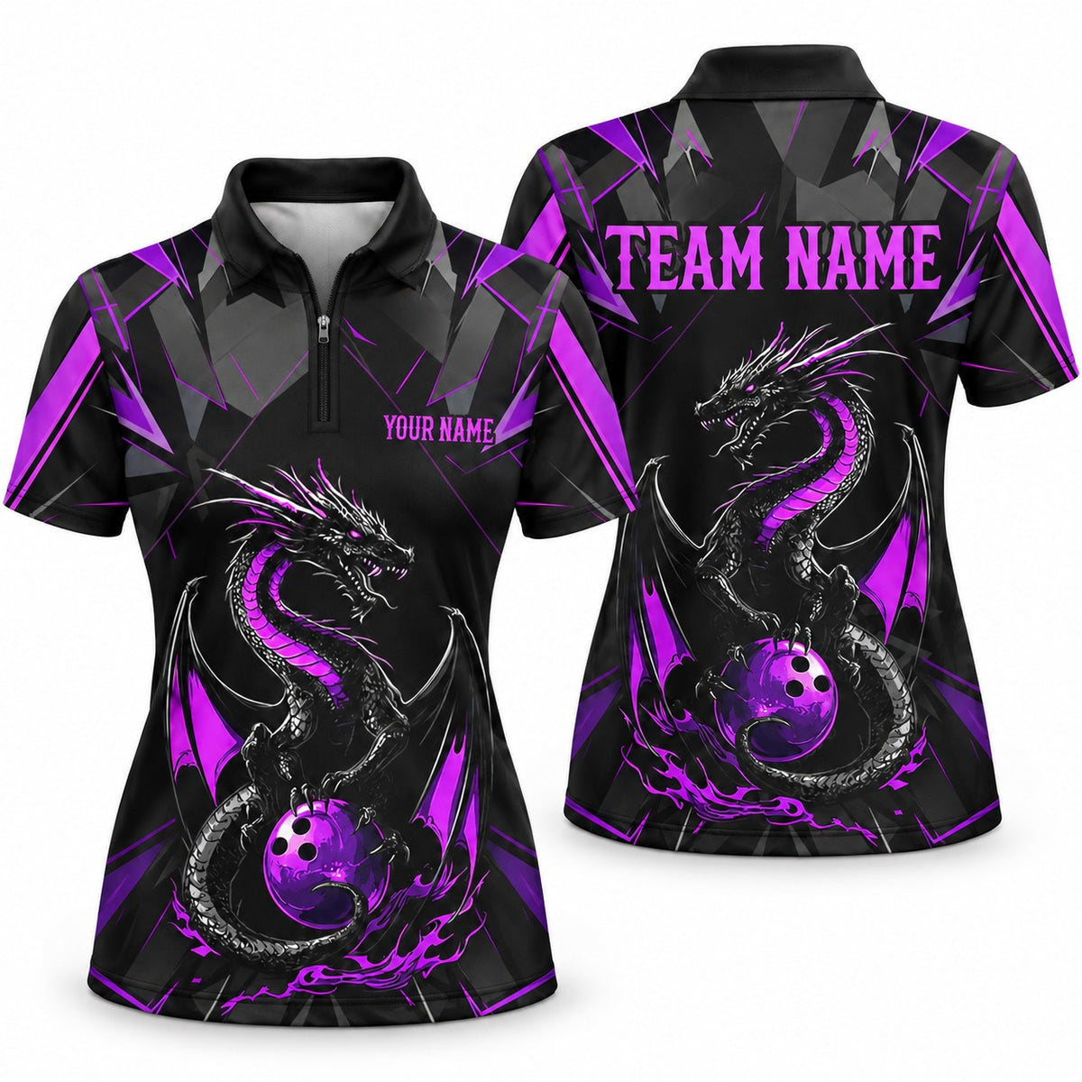Purple Dragon Custom Bowling Team Jerseys & Polo Shirts - Women's Bowling Jersey Purple, front and back