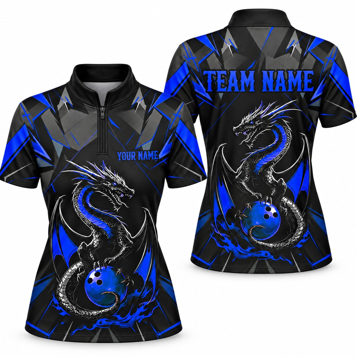 Purple Dragon Custom Bowling Team Jerseys & Polo Shirts - Women's Bowling Jersey Blue, front and back