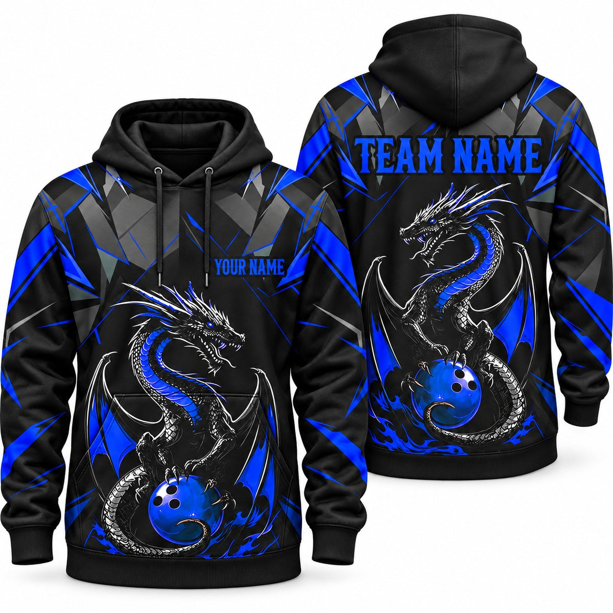 Purple Dragon Custom Bowling Team Jerseys & Polo Shirts - Hoodie Blue, front and back