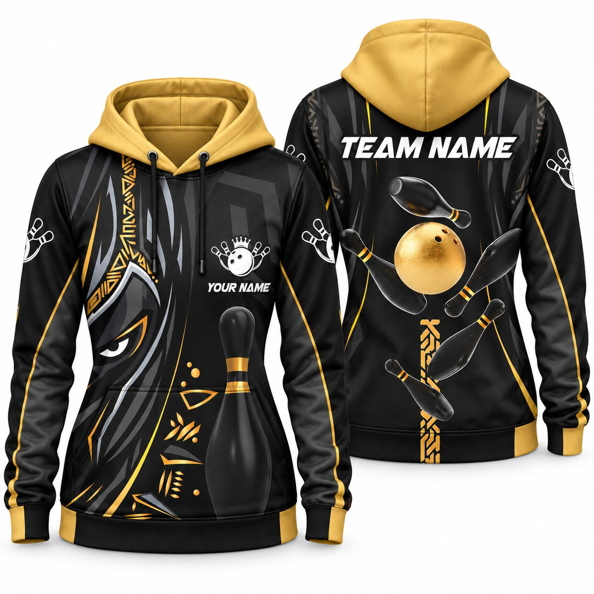 Black Panther Pro Gold Custom Bowling Hoodie - Women's Hoodie Gold, front and back
