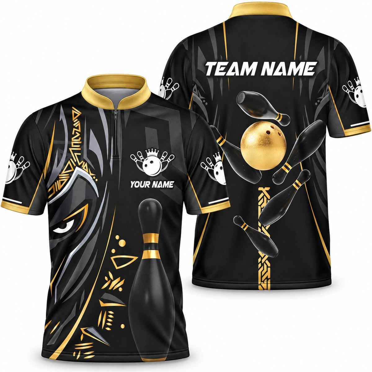 Black Panther Pro Gold Custom Bowling Jersey - Bowling Jersey Gold, front and back