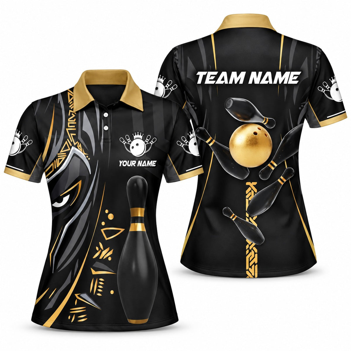 Black Panther Pro Gold Custom Bowling Polo - Women Polo Gold, front and back