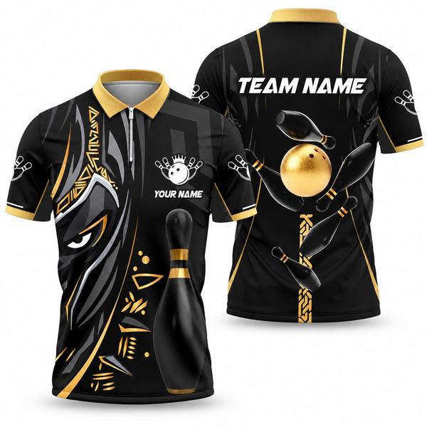 Black Panther Pro Gold Custom Bowling Quarter-Zip - Quarter-Zip Polo Gold, front and back