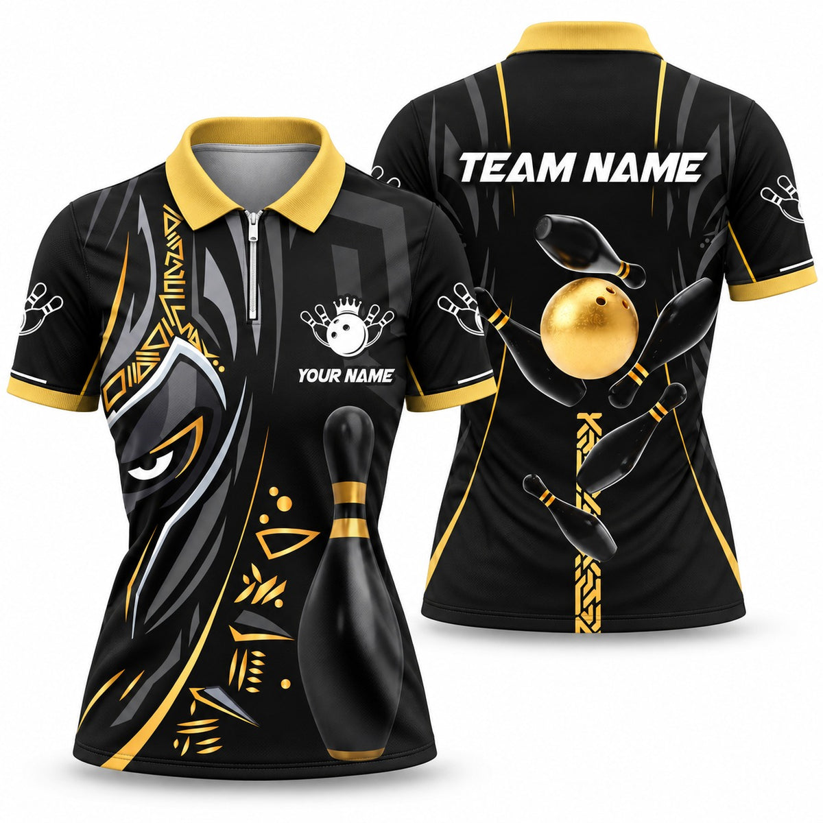 Black Panther Pro Gold Custom Bowling Quarter-Zip - Women's Quarter-Zip Polo Gold, front and back