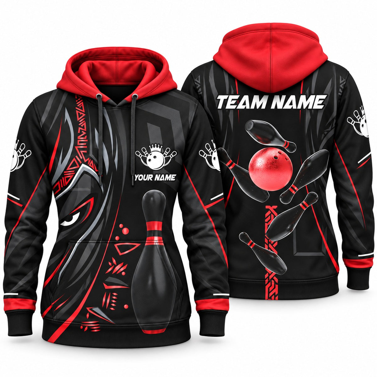 Black Panther Pro Red Custom Bowling Hoodie - Women's Hoodie Red, front and back