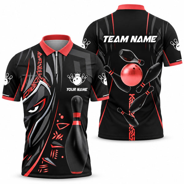 Black Panther Pro Red Custom Bowling Quarter-Zip - Quarter-Zip Polo Red, front and back